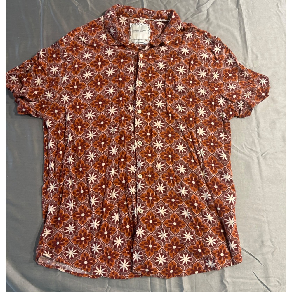 Denim & Flower Ricky Singh Rust Geometric Floral Viscose Button Up Shirt XL
